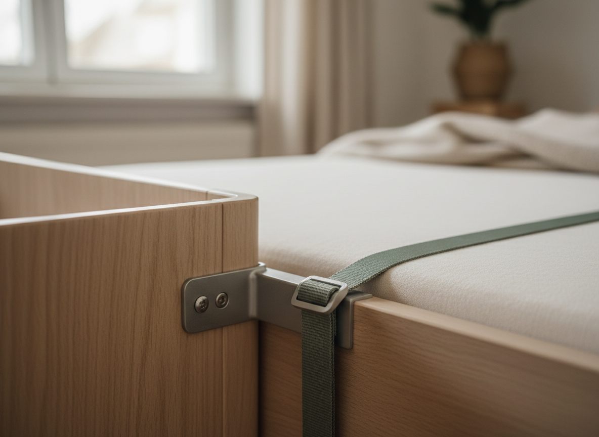 Nærbillede af et metalbeslag skruet på bedside cribbens træside, med en strammet rem ført hen over voksenmadrassen og cribbens kant presset helt tæt ind mod den