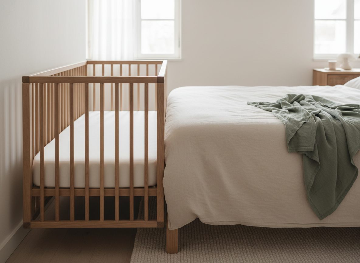 Bedside crib i bøgetræ spændt fast på en høj seng, med liggefladen i niveau med voksenmadrassen