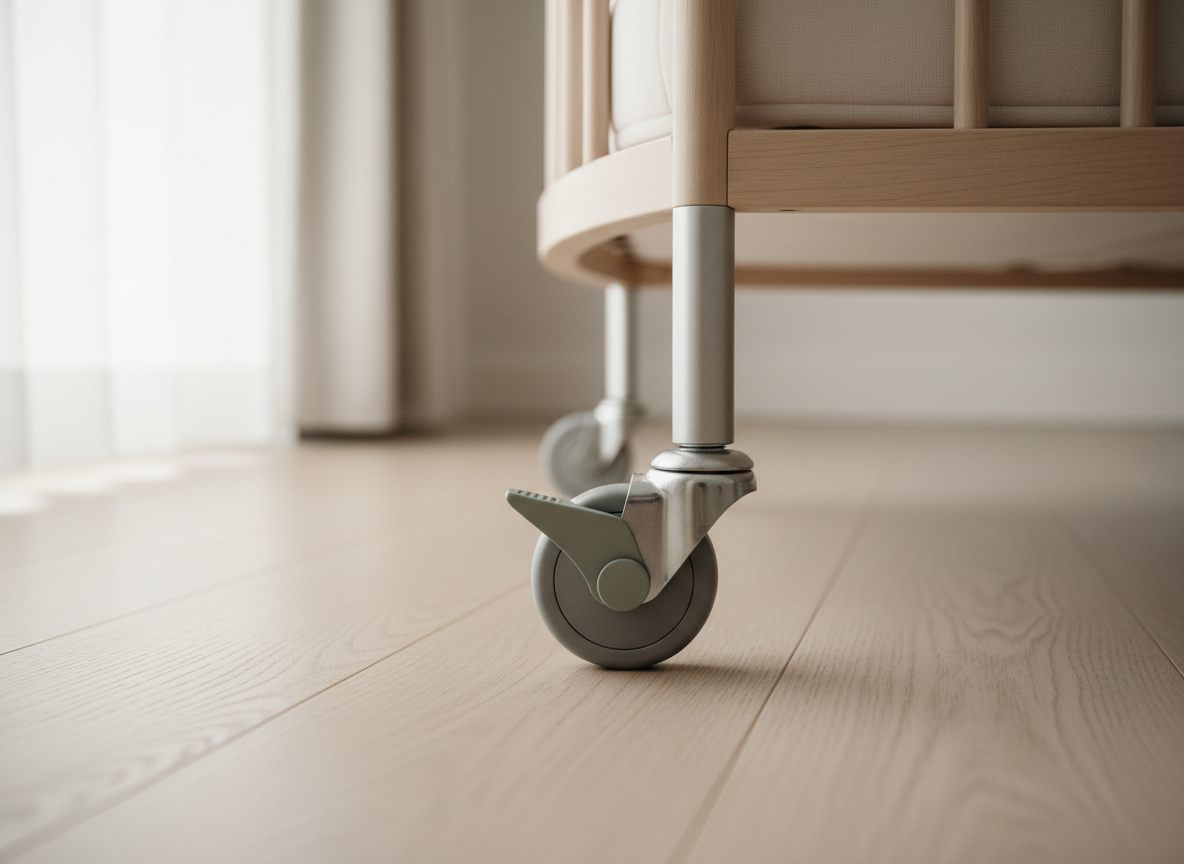 Nærbillede i gulvhøjde af et lille hjul under en bedside crib, hvor bremsehåndtaget er trykket helt ned mod hjulet