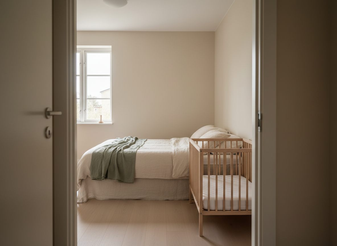 Soveværelse set fra døren med en redt voksenseng og en tom bedside crib med stramt lagen stående tæt ved siden af
