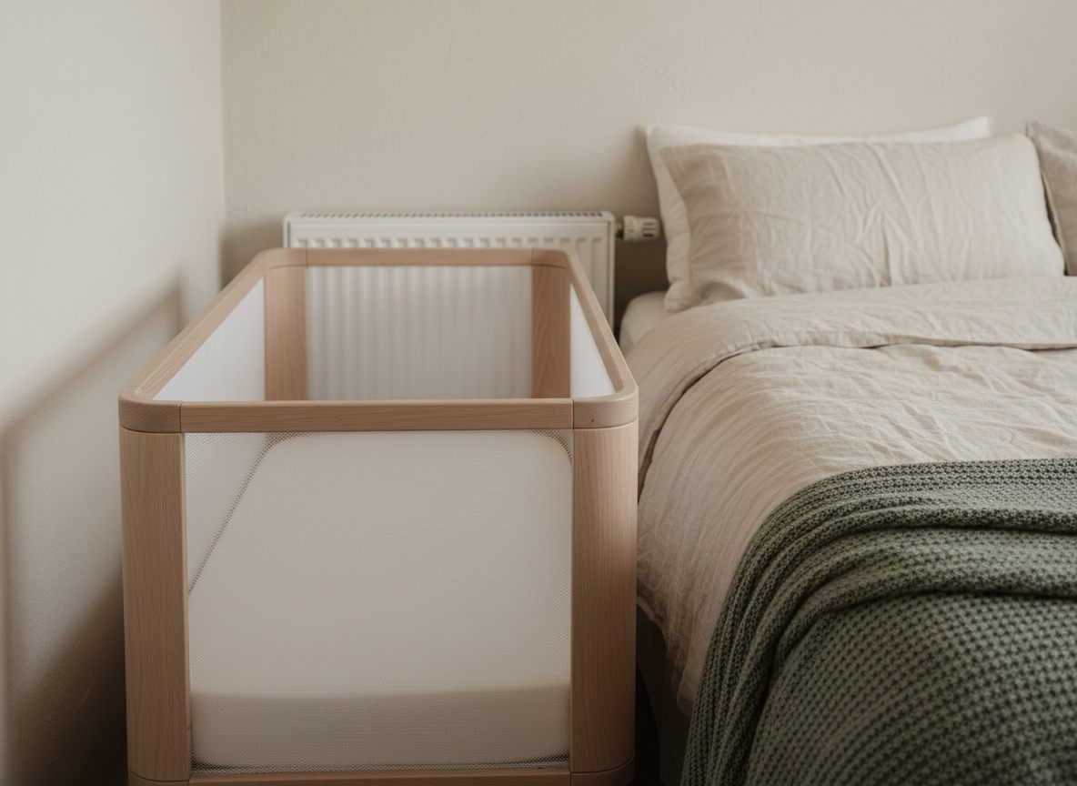 Høj og smal bedside crib klemt ind mellem en høj seng og en væg med radiator, med få centimeter fri plads på hver side