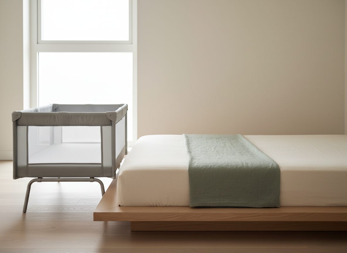 Lav bedside crib i stof og mesh, stillet i laveste position ved siden af en lav platformsseng, med liggefladen i niveau med voksenmadrassen