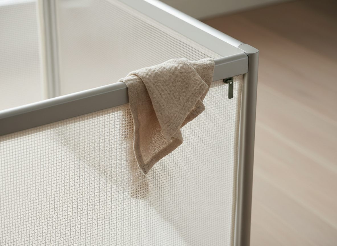Nærbillede af den åndbare netside på en bedside crib i stof på aluminiumsstel, med lynlåsen synlig