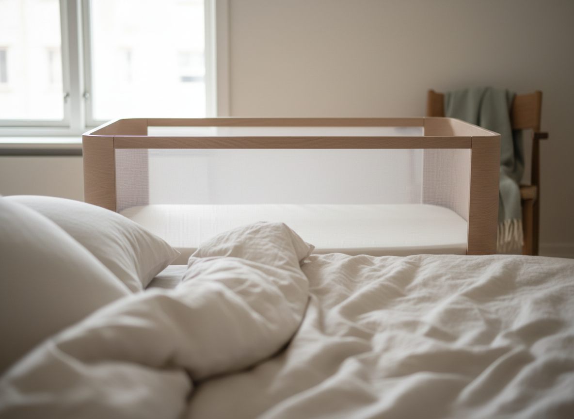 Set fra hovedpudens højde hen over voksenmadrassen og gennem den fine netside på en bedside crib, hvor den tomme madras med stramt lagen kan ses tydeligt igennem
