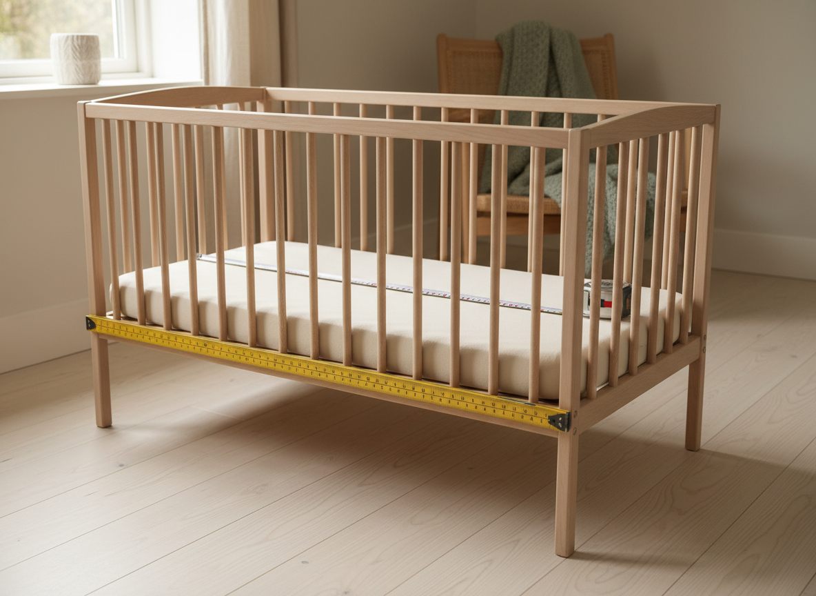 Tom bedside crib med en gul tommestok langs møblets yderkant og et målebånd liggende inde på madrassen