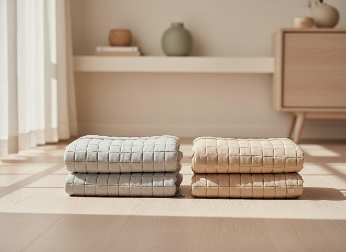 To ens foldede sidestykker af stof til en bedside crib, liggende side om side på gulvet, det ene lysegråt og det andet beige