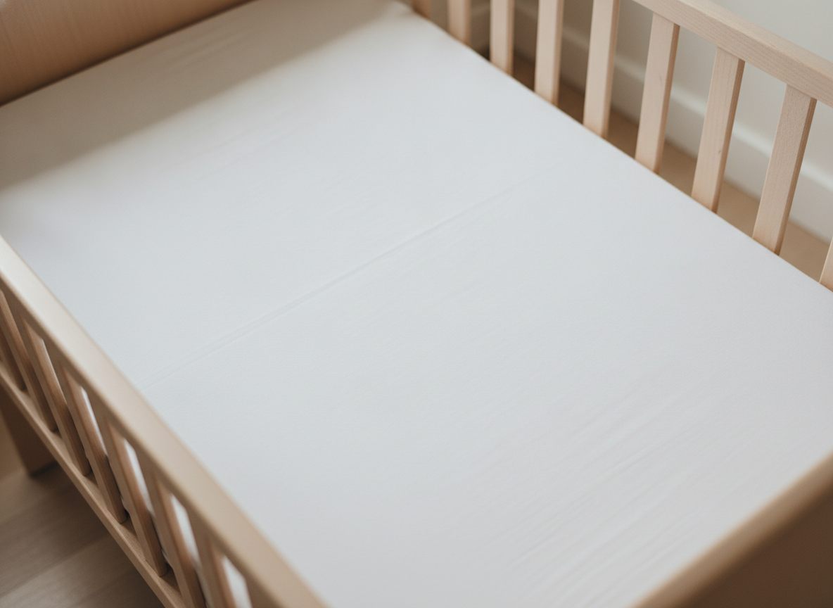 Bedside crib med fast madras og stramt hvidt lagen, der udfylder bunden helt uden sprække langs siderne
