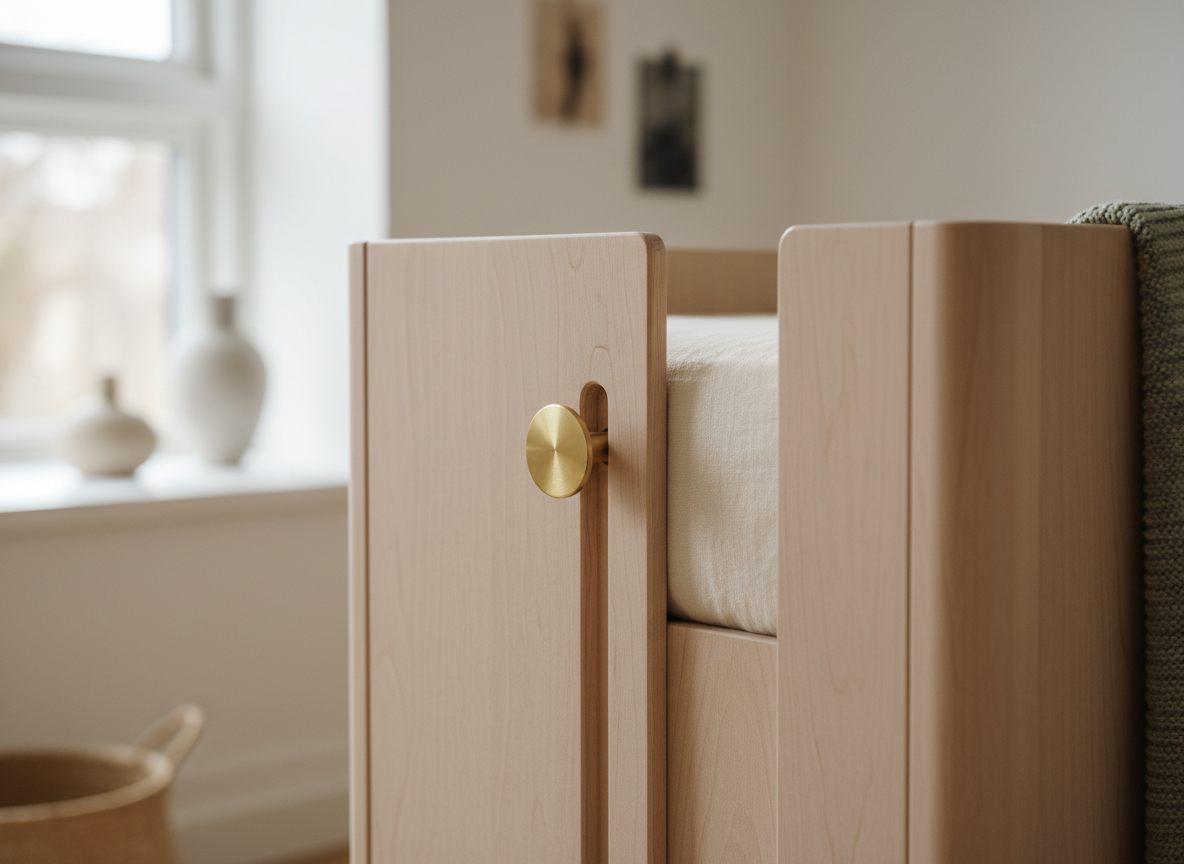 Nærbillede af en glat lodret glideskinne i massivt bøgetræ på gavlen af en bedside crib, med en metalknop, der spænder bunden fast midt i skinnen